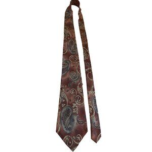 Vintage Johnny Carson Mens Silk Neck Tie Italian Burgundy Gray Tan Paisley